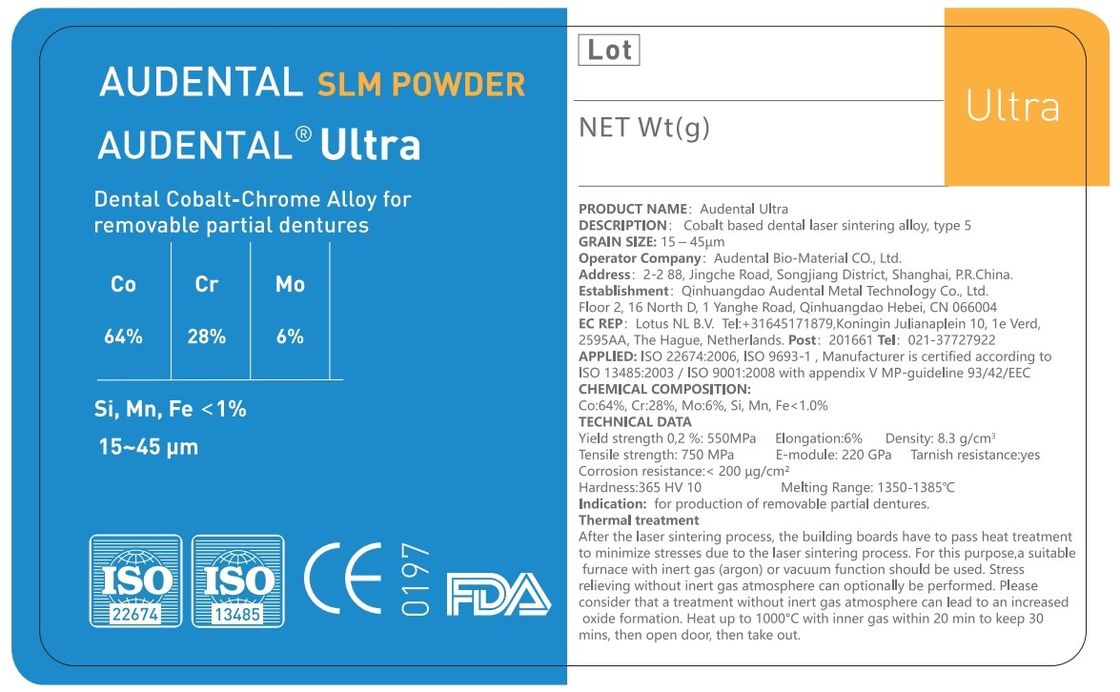 Audental Ultra SLM Powder/CoCrmo/CE, FDA, Identalloy/Dental 3D Metal Print