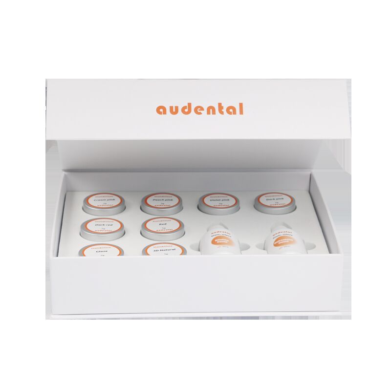 Tandheelkundige laboratoriumapparatuur met vlek- en glazuurpasta-sets die de werkstroom ondersteunen en een precieze esthetische afwerking voor volledig gecontoureerd zirconia