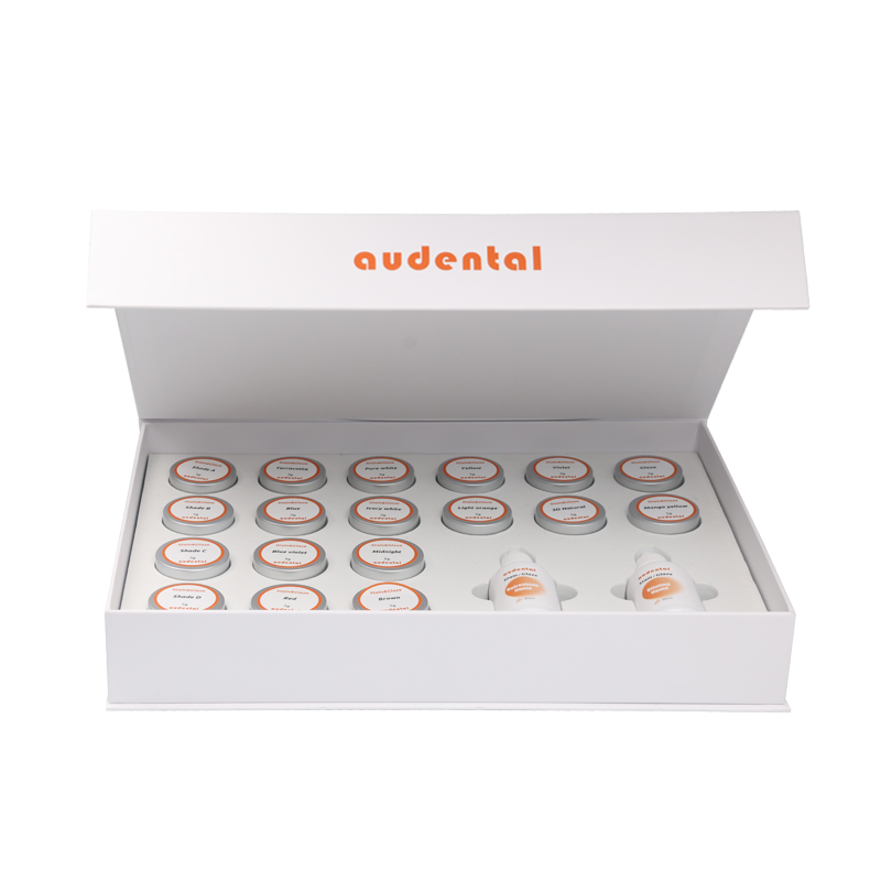 Tandheelkundige laboratoriumapparatuur met vlek- en glazuurpasta voor een soepele behandeling, gecontroleerde toepassing en weergave van schaduw